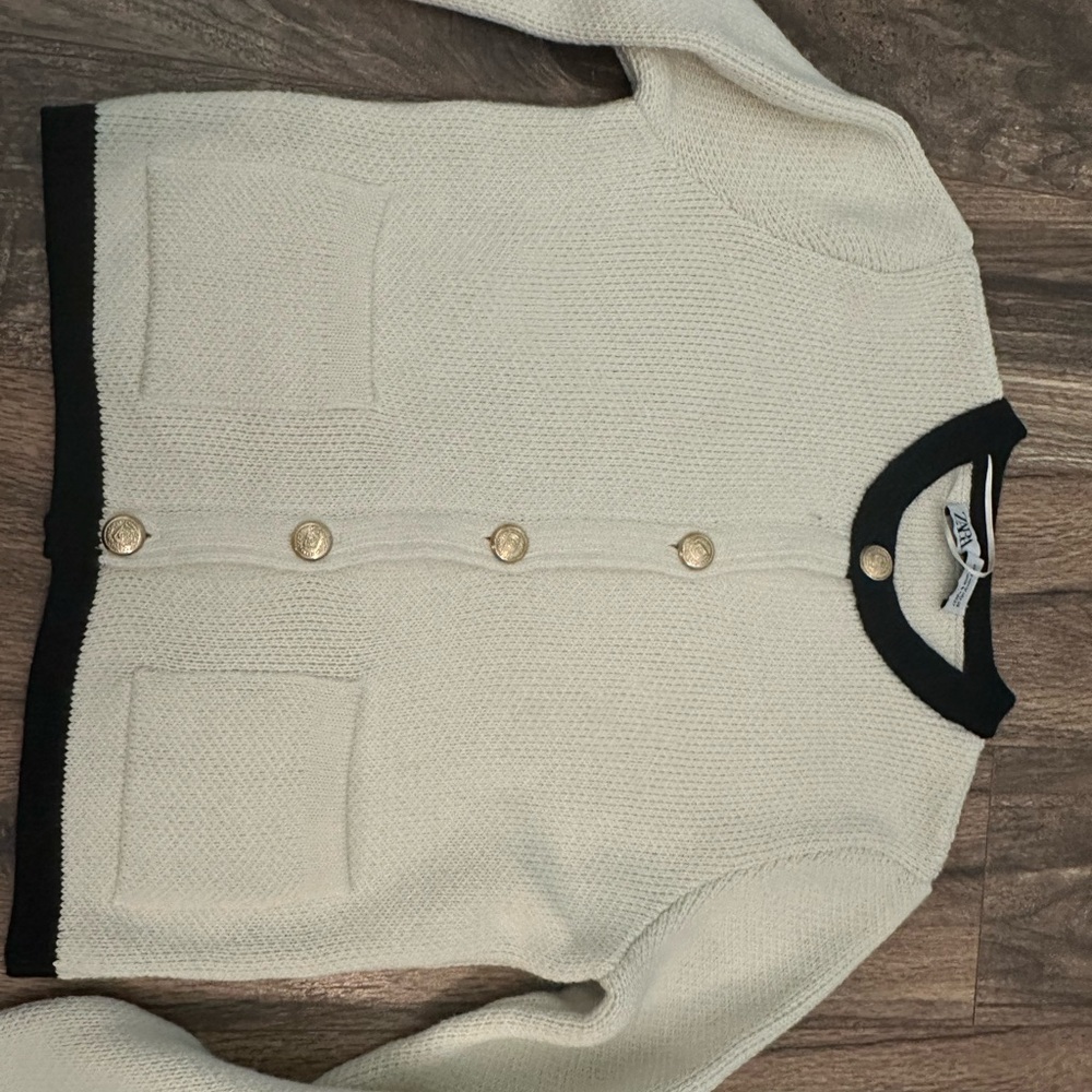 Zara Cream and Black Cardigan Sweater